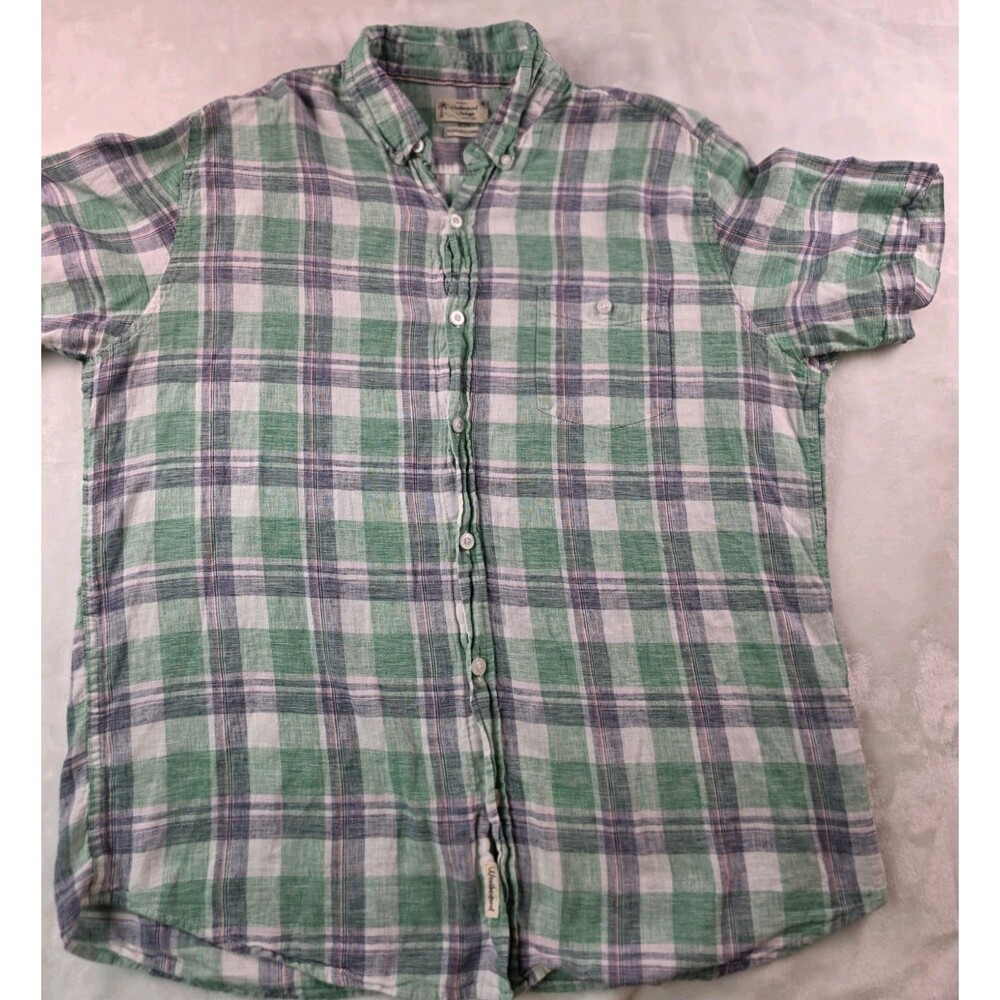 Weatherproof Vintage Men's XL Washable Linen Button Up Plaid Short‎ Sleeve Shirt